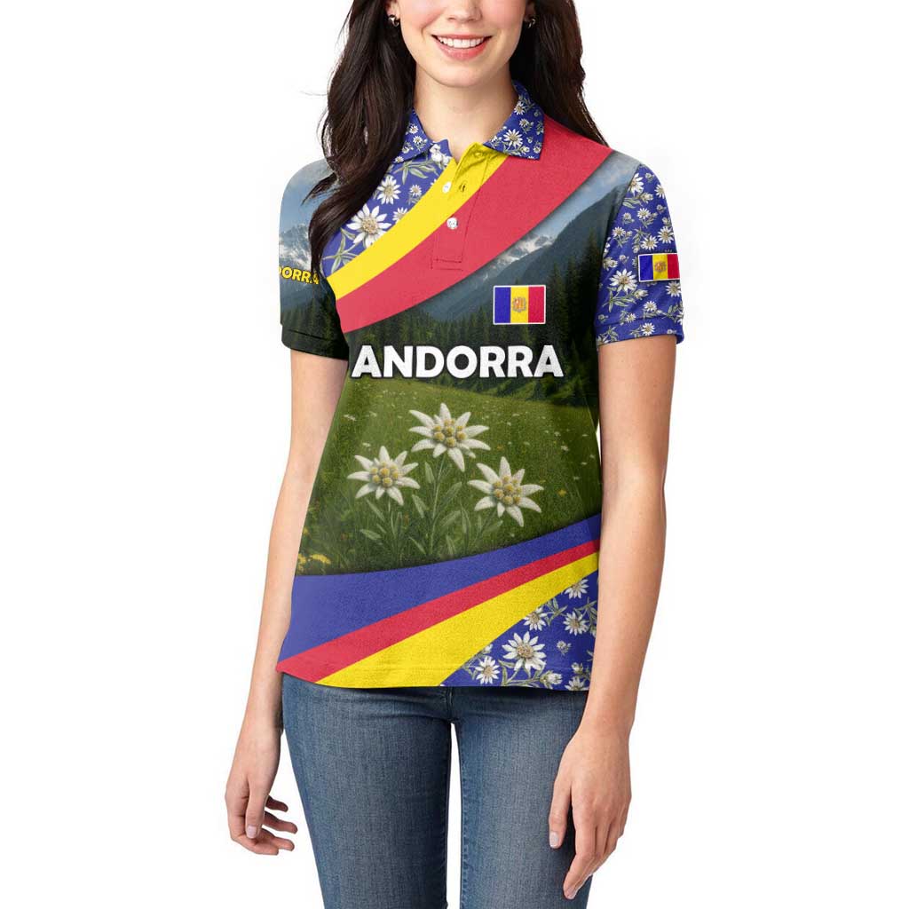 Andorra Women Polo Shirt with Edelweiss Mountain Landscape Design - Wonder Print Shop