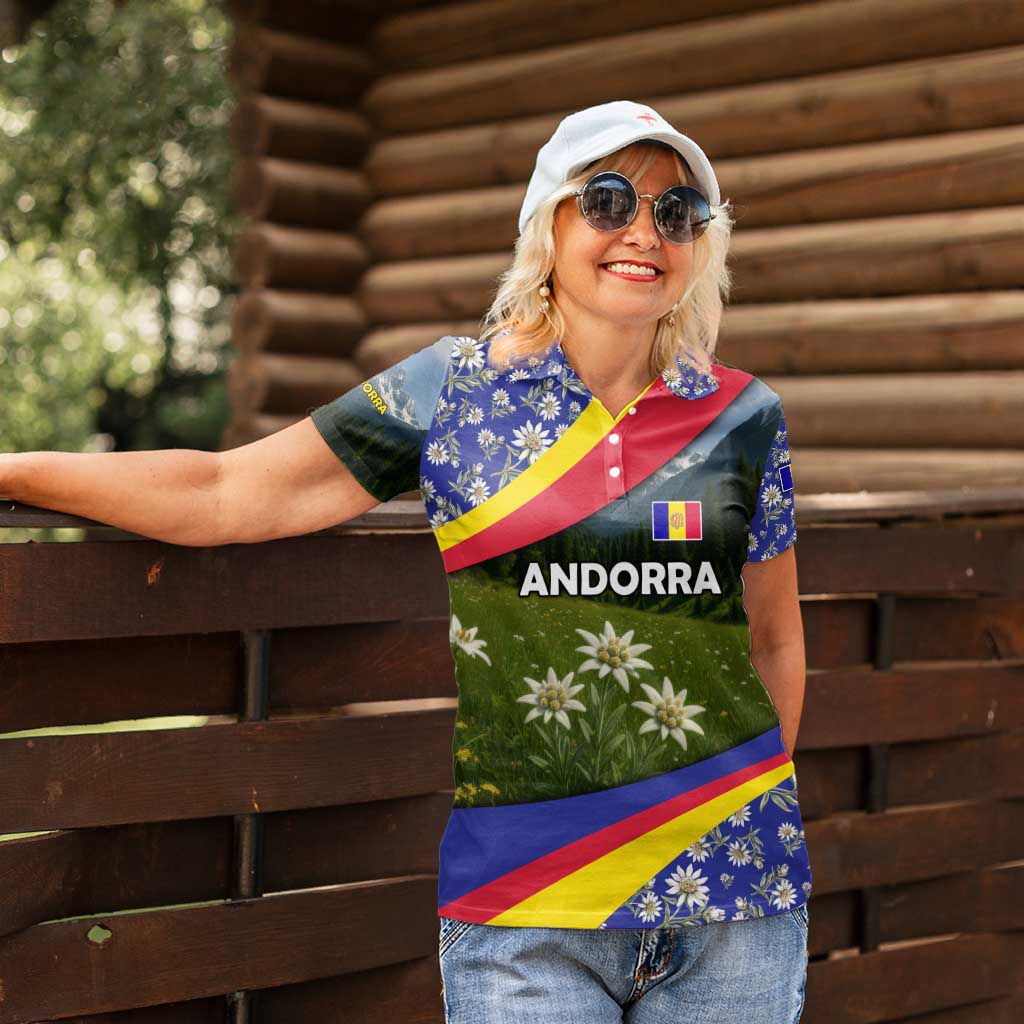 Andorra Women Polo Shirt with Edelweiss Mountain Landscape Design - Wonder Print Shop