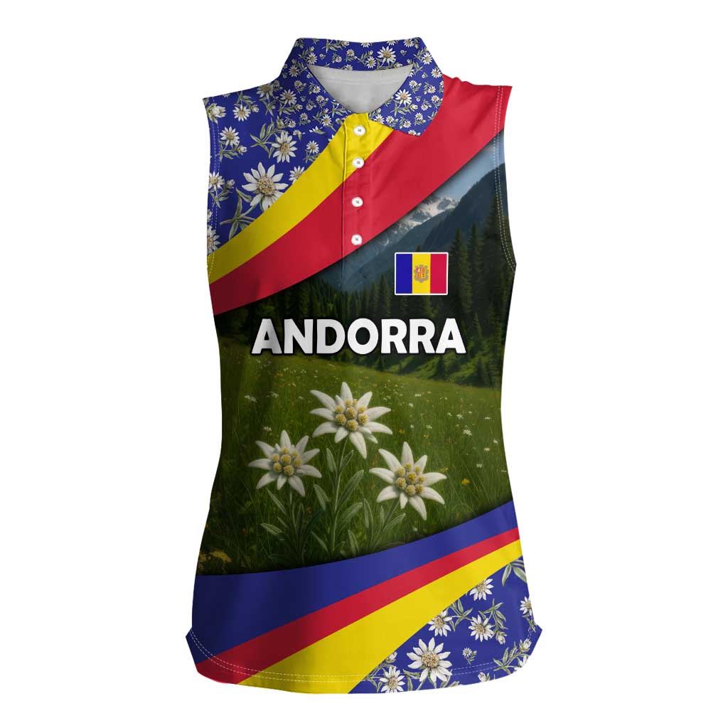 Andorra Women Sleeveless Polo Shirt with Edelweiss Mountain Landscape Design - Wonder Print Shop