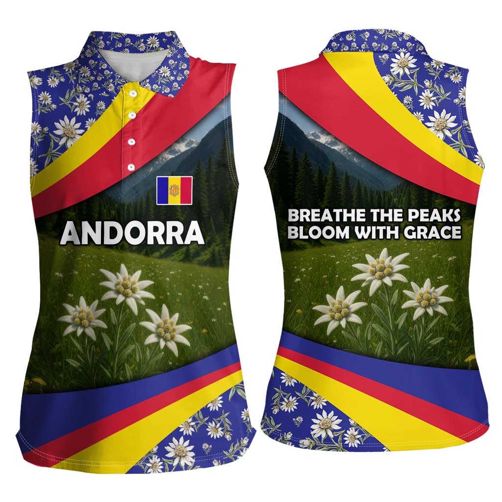 Andorra Women Sleeveless Polo Shirt with Edelweiss Mountain Landscape Design - Wonder Print Shop