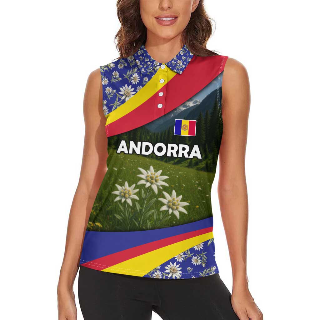 Andorra Women Sleeveless Polo Shirt with Edelweiss Mountain Landscape Design - Wonder Print Shop