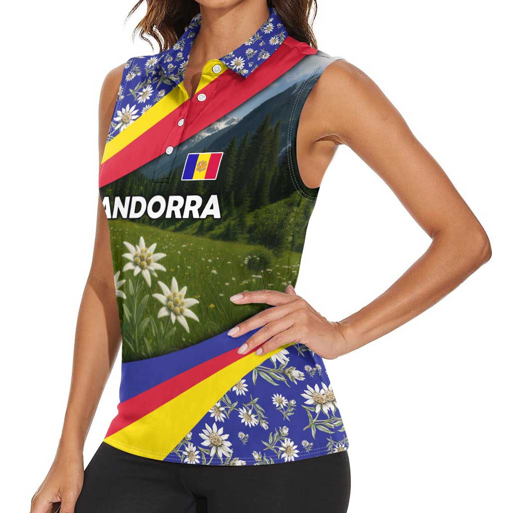 Andorra Women Sleeveless Polo Shirt with Edelweiss Mountain Landscape Design - Wonder Print Shop