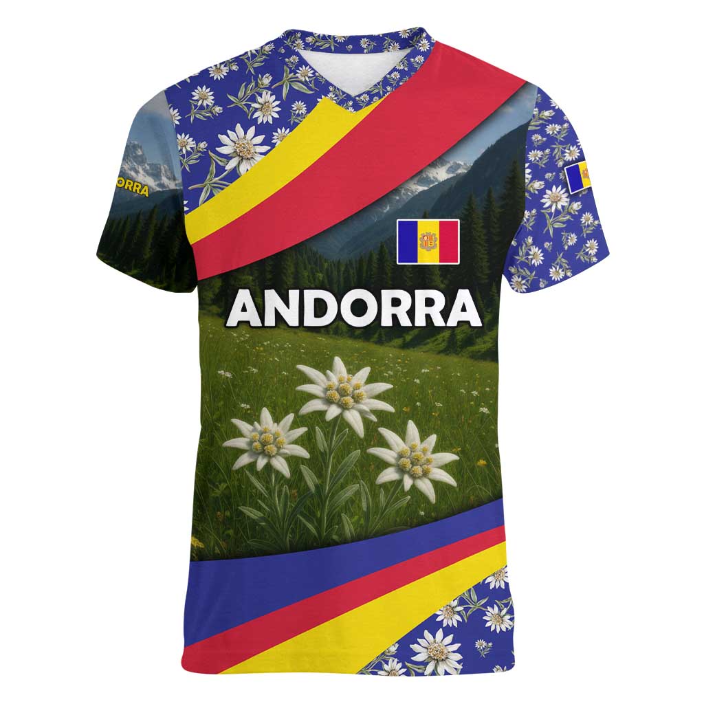 Andorra Women V-Neck T-Shirt with Edelweiss Mountain Landscape Design - Wonder Print Shop