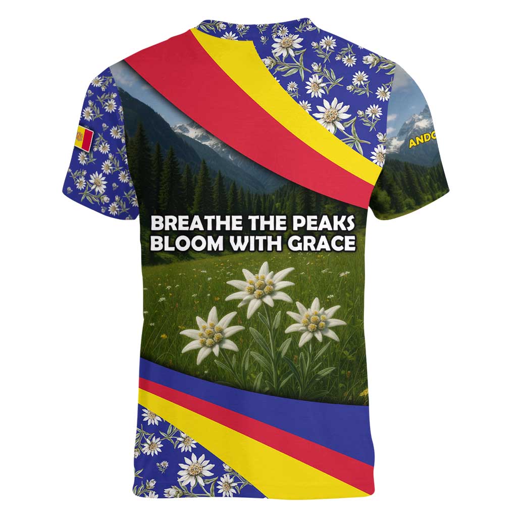 Andorra Women V-Neck T-Shirt with Edelweiss Mountain Landscape Design - Wonder Print Shop