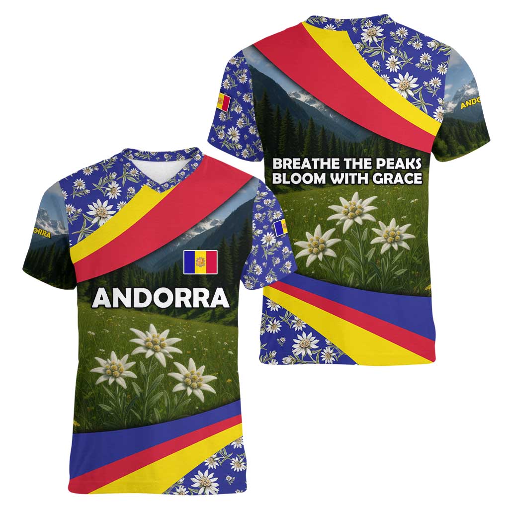 Andorra Women V-Neck T-Shirt with Edelweiss Mountain Landscape Design - Wonder Print Shop