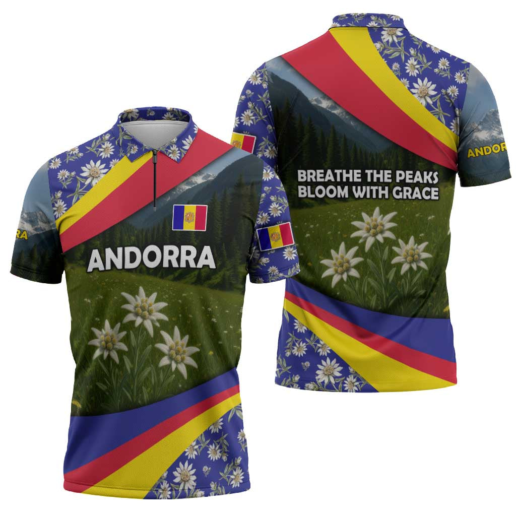 Andorra Zipper Polo Shirt with Edelweiss Mountain Landscape Design - Wonder Print Shop