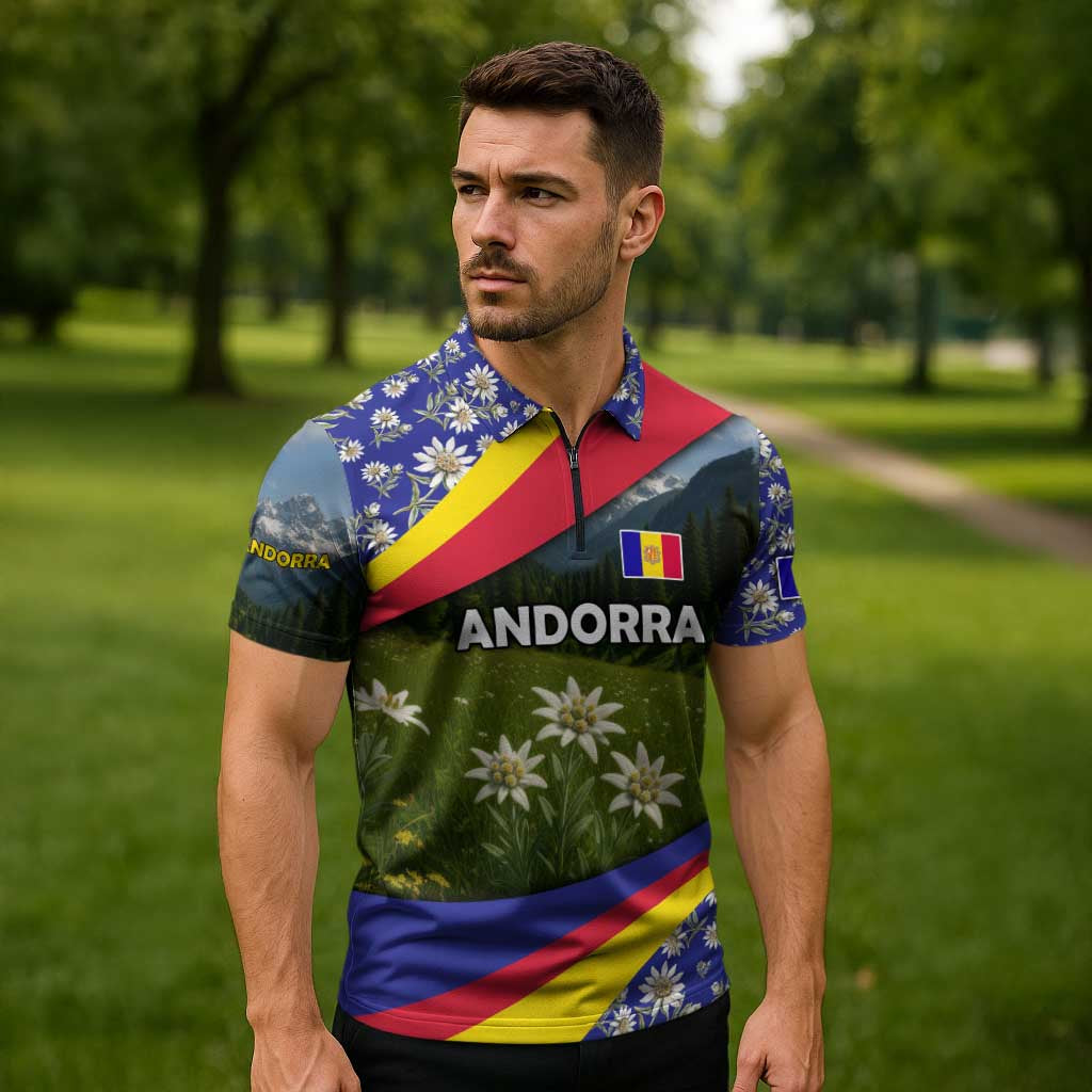 Andorra Zipper Polo Shirt with Edelweiss Mountain Landscape Design - Wonder Print Shop