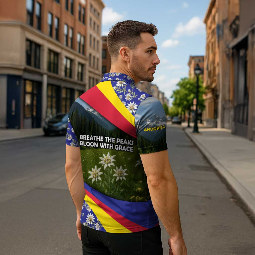 Andorra Zipper Polo Shirt with Edelweiss Mountain Landscape Design - Wonder Print Shop