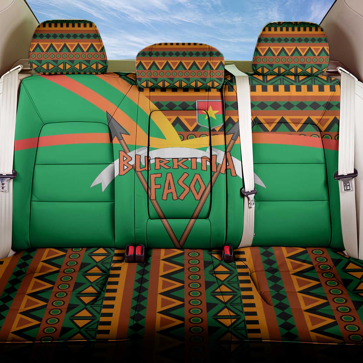 Burkina Faso Back Car Seat Cover with Green Tribal Pattern Design and National Flag Motif - Wonder Print Shop