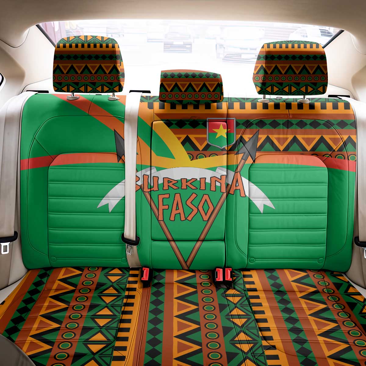 Burkina Faso Back Car Seat Cover with Green Tribal Pattern Design and National Flag Motif - Wonder Print Shop