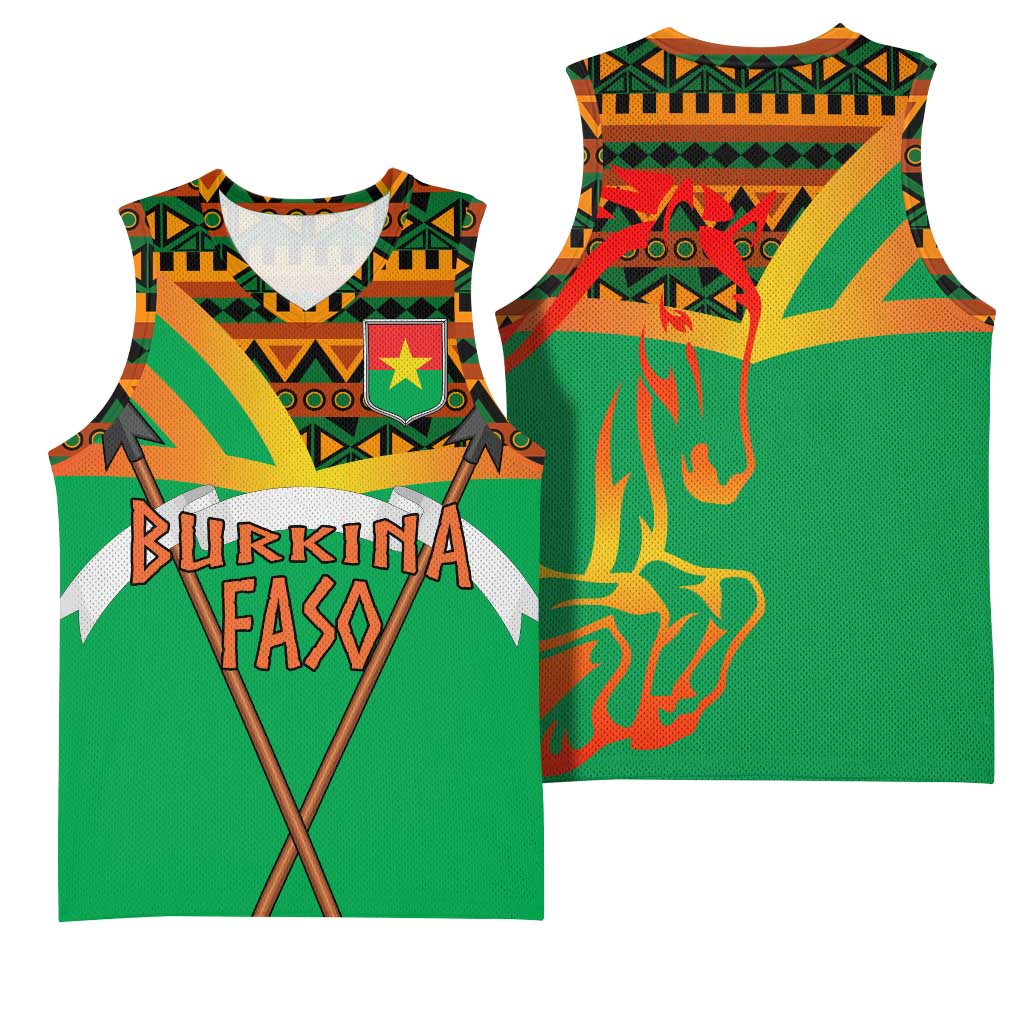 Burkina Faso Basketball Jersey with Green Tribal Pattern Design and National Flag Motif - Wonder Print Shop