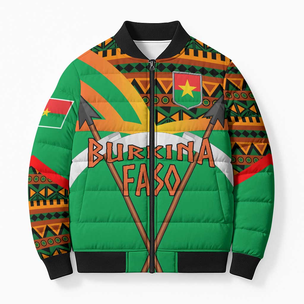 Burkina Faso Bomber Puffer Jacket with Green Tribal Pattern Design and National Flag Motif - Wonder Print Shop