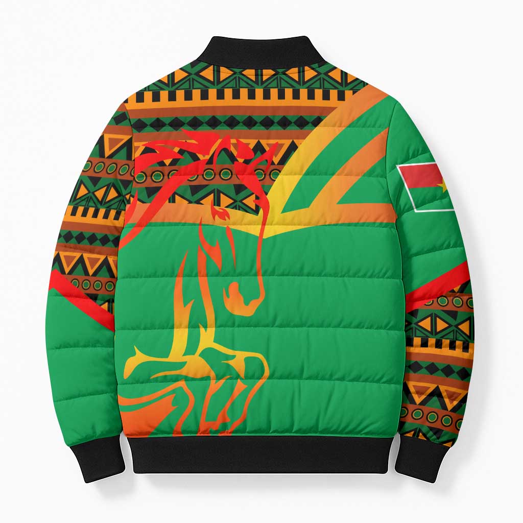 Burkina Faso Bomber Puffer Jacket with Green Tribal Pattern Design and National Flag Motif - Wonder Print Shop