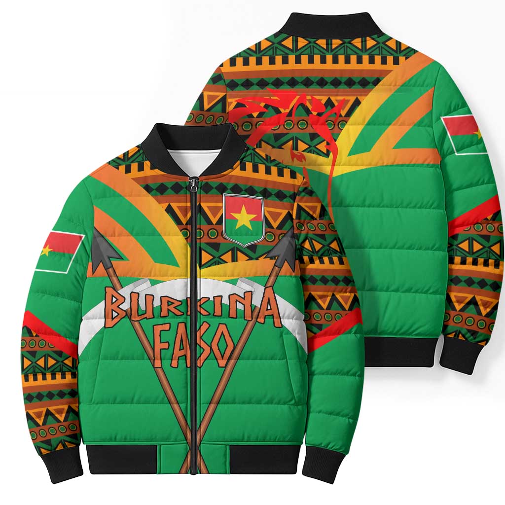 Burkina Faso Bomber Puffer Jacket with Green Tribal Pattern Design and National Flag Motif - Wonder Print Shop