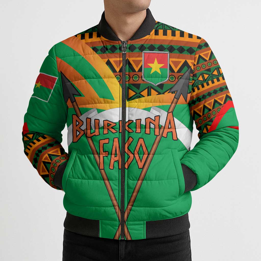 Burkina Faso Bomber Puffer Jacket with Green Tribal Pattern Design and National Flag Motif - Wonder Print Shop