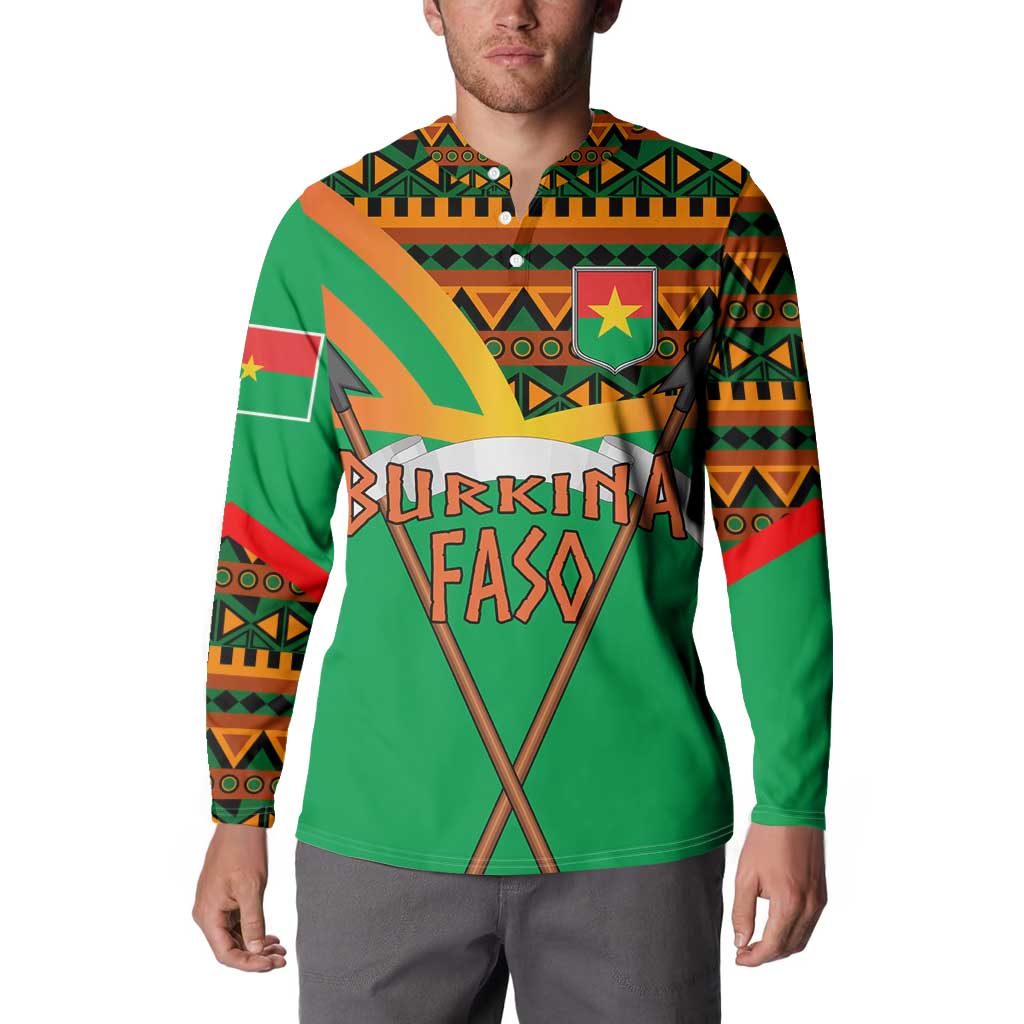 Burkina Faso Button Sweatshirt with Green Tribal Pattern Design and National Flag Motif - Wonder Print Shop