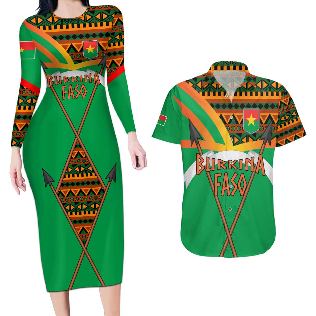 Burkina Faso Couples Matching Long Sleeve Bodycon Dress and Hawaiian Shirt with Green Tribal Pattern Design and National Flag Motif - Wonder Print Shop