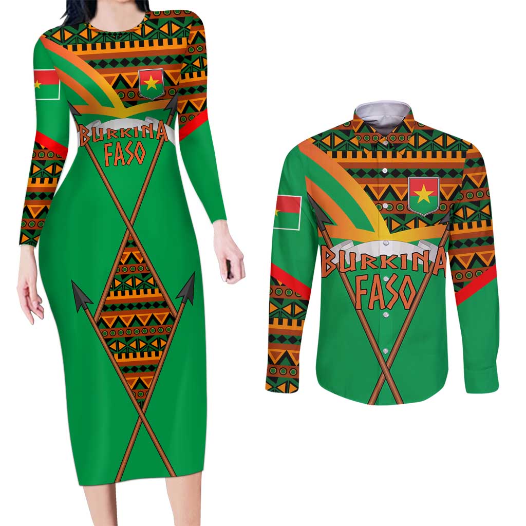 Burkina Faso Couples Matching Long Sleeve Bodycon Dress and Long Sleeve Button Shirt with Green Tribal Pattern Design and National Flag Motif - Wonder Print Shop