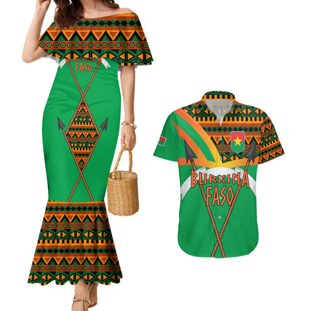Burkina Faso Couples Matching Mermaid Dress and Hawaiian Shirt with Green Tribal Pattern Design and National Flag Motif - Wonder Print Shop