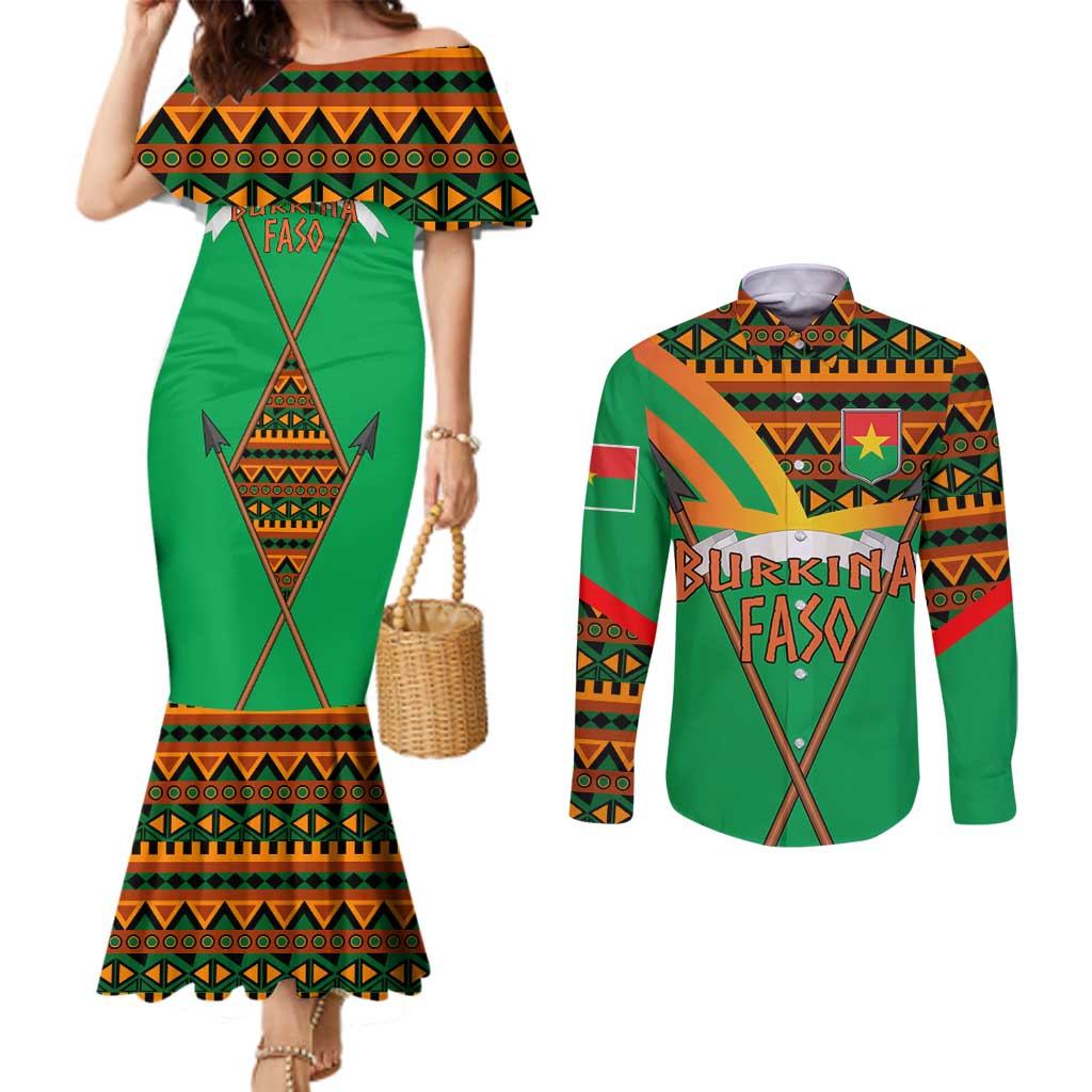 Burkina Faso Couples Matching Mermaid Dress and Long Sleeve Button Shirt with Green Tribal Pattern Design and National Flag Motif - Wonder Print Shop