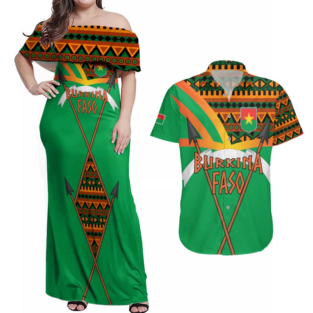 Burkina Faso Couples Matching Off Shoulder Maxi Dress and Hawaiian Shirt with Green Tribal Pattern Design and National Flag Motif - Wonder Print Shop