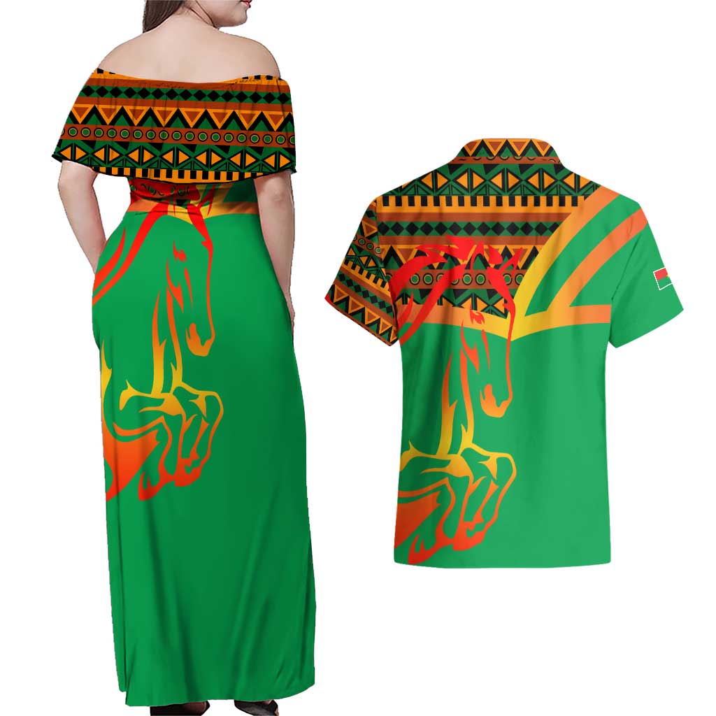 Burkina Faso Couples Matching Off Shoulder Maxi Dress and Hawaiian Shirt with Green Tribal Pattern Design and National Flag Motif - Wonder Print Shop