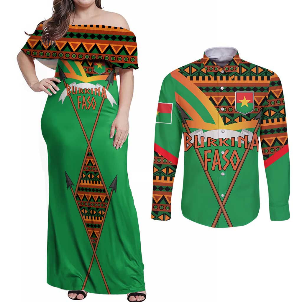 Burkina Faso Couples Matching Off Shoulder Maxi Dress and Long Sleeve Button Shirt with Green Tribal Pattern Design and National Flag Motif - Wonder Print Shop