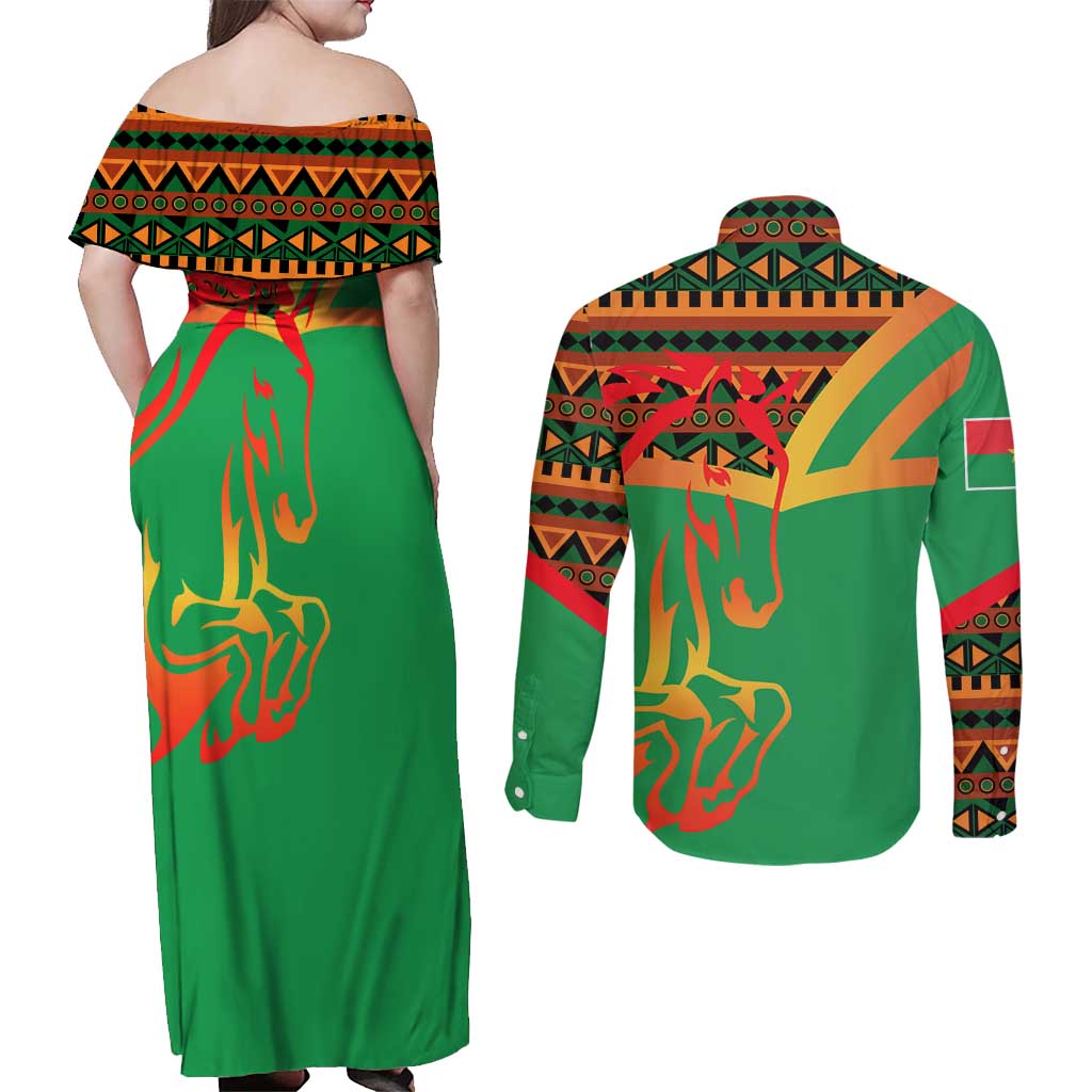 Burkina Faso Couples Matching Off Shoulder Maxi Dress and Long Sleeve Button Shirt with Green Tribal Pattern Design and National Flag Motif - Wonder Print Shop