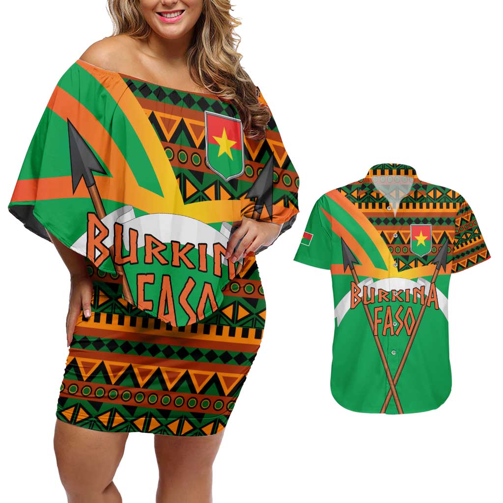 Burkina Faso Couples Matching Off Shoulder Short Dress and Hawaiian Shirt with Green Tribal Pattern Design and National Flag Motif - Wonder Print Shop