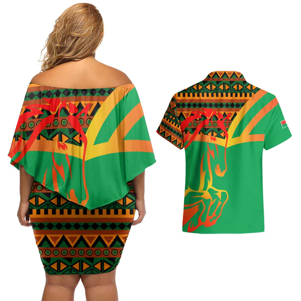 Burkina Faso Couples Matching Off Shoulder Short Dress and Hawaiian Shirt with Green Tribal Pattern Design and National Flag Motif - Wonder Print Shop