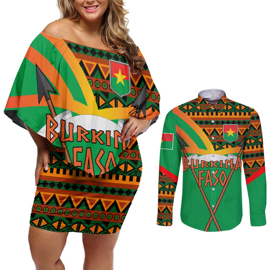 Burkina Faso Couples Matching Off Shoulder Short Dress and Long Sleeve Button Shirt with Green Tribal Pattern Design and National Flag Motif - Wonder Print Shop