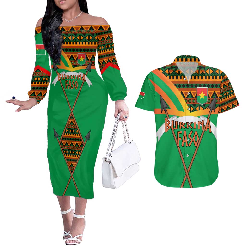 Burkina Faso Couples Matching Off The Shoulder Long Sleeve Dress and Hawaiian Shirt with Green Tribal Pattern Design and National Flag Motif - Wonder Print Shop