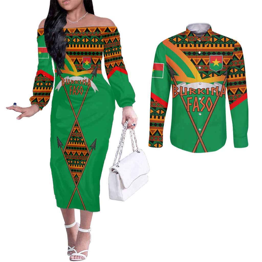 Burkina Faso Couples Matching Off The Shoulder Long Sleeve Dress and Long Sleeve Button Shirt with Green Tribal Pattern Design and National Flag Motif - Wonder Print Shop