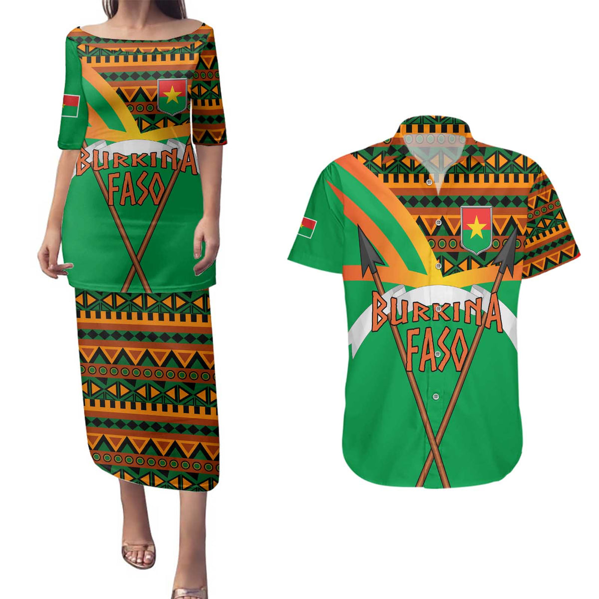 Burkina Faso Couples Matching Puletasi and Hawaiian Shirt with Green Tribal Pattern Design and National Flag Motif - Wonder Print Shop