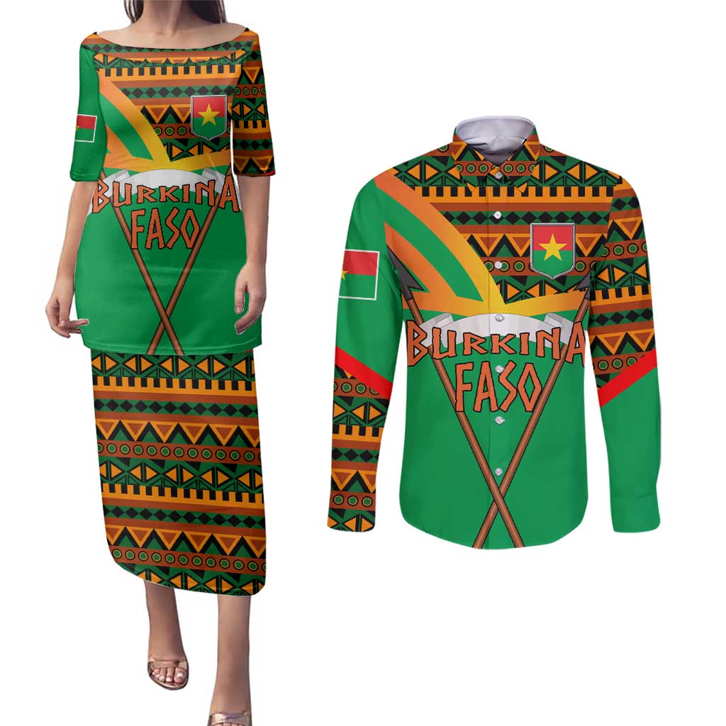 Burkina Faso Couples Matching Puletasi and Long Sleeve Button Shirt with Green Tribal Pattern Design and National Flag Motif - Wonder Print Shop