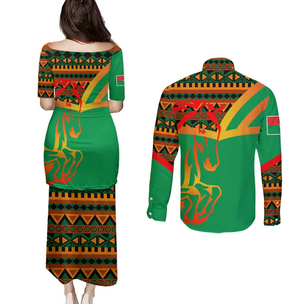 Burkina Faso Couples Matching Puletasi and Long Sleeve Button Shirt with Green Tribal Pattern Design and National Flag Motif - Wonder Print Shop