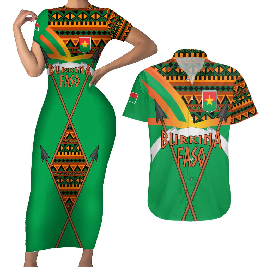 Burkina Faso Couples Matching Short Sleeve Bodycon Dress and Hawaiian Shirt with Green Tribal Pattern Design and National Flag Motif - Wonder Print Shop