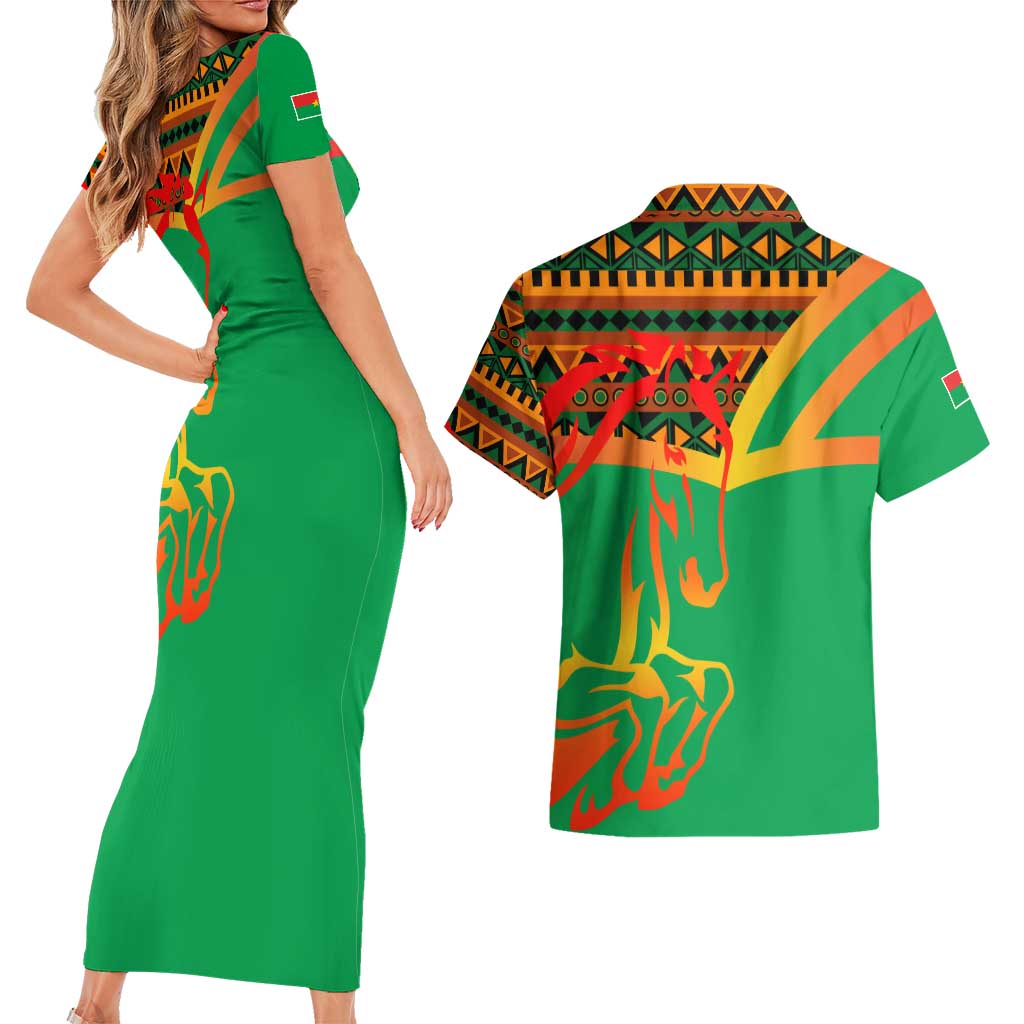 Burkina Faso Couples Matching Short Sleeve Bodycon Dress and Hawaiian Shirt with Green Tribal Pattern Design and National Flag Motif - Wonder Print Shop