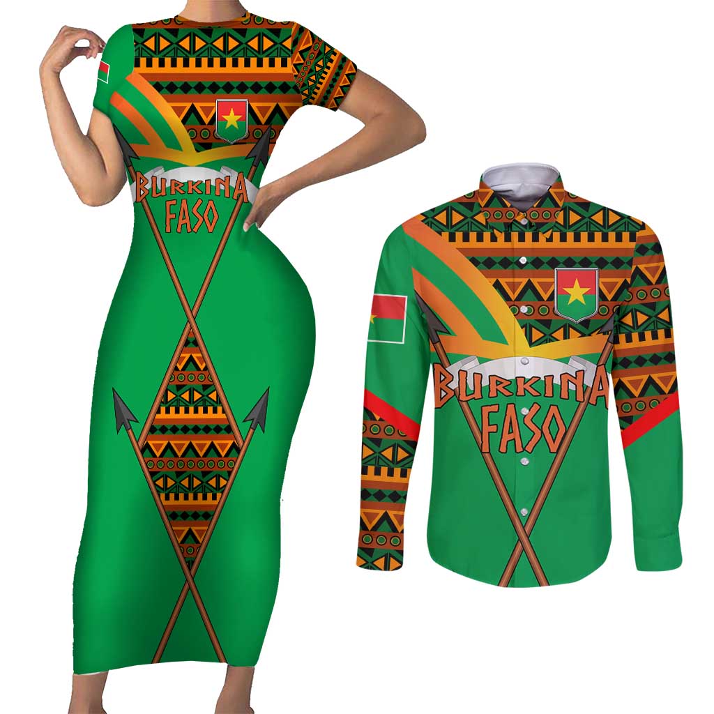 Burkina Faso Couples Matching Short Sleeve Bodycon Dress and Long Sleeve Button Shirt with Green Tribal Pattern Design and National Flag Motif - Wonder Print Shop
