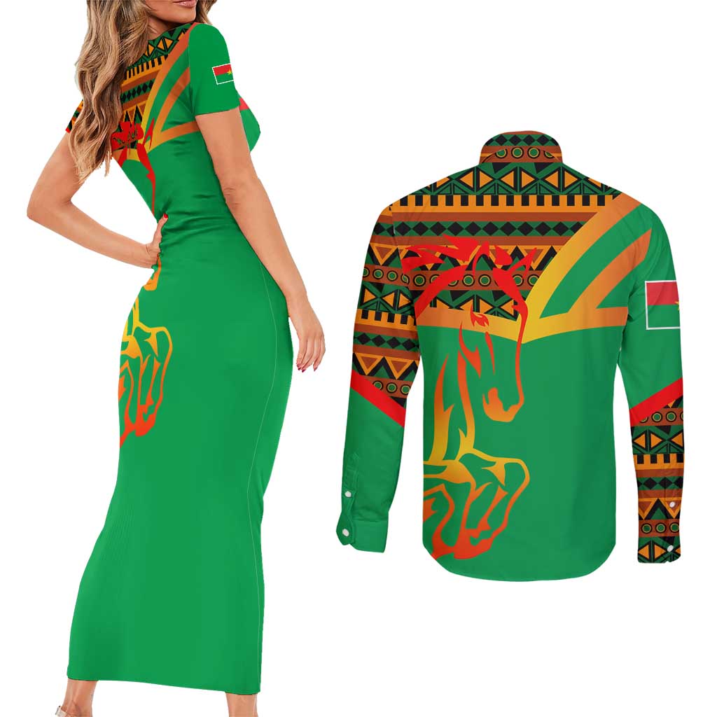Burkina Faso Couples Matching Short Sleeve Bodycon Dress and Long Sleeve Button Shirt with Green Tribal Pattern Design and National Flag Motif - Wonder Print Shop