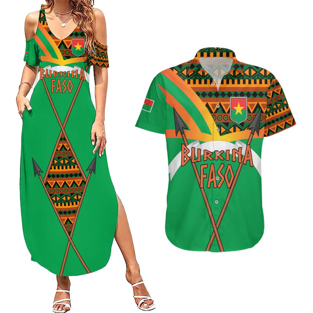 Burkina Faso Couples Matching Summer Maxi Dress and Hawaiian Shirt with Green Tribal Pattern Design and National Flag Motif - Wonder Print Shop