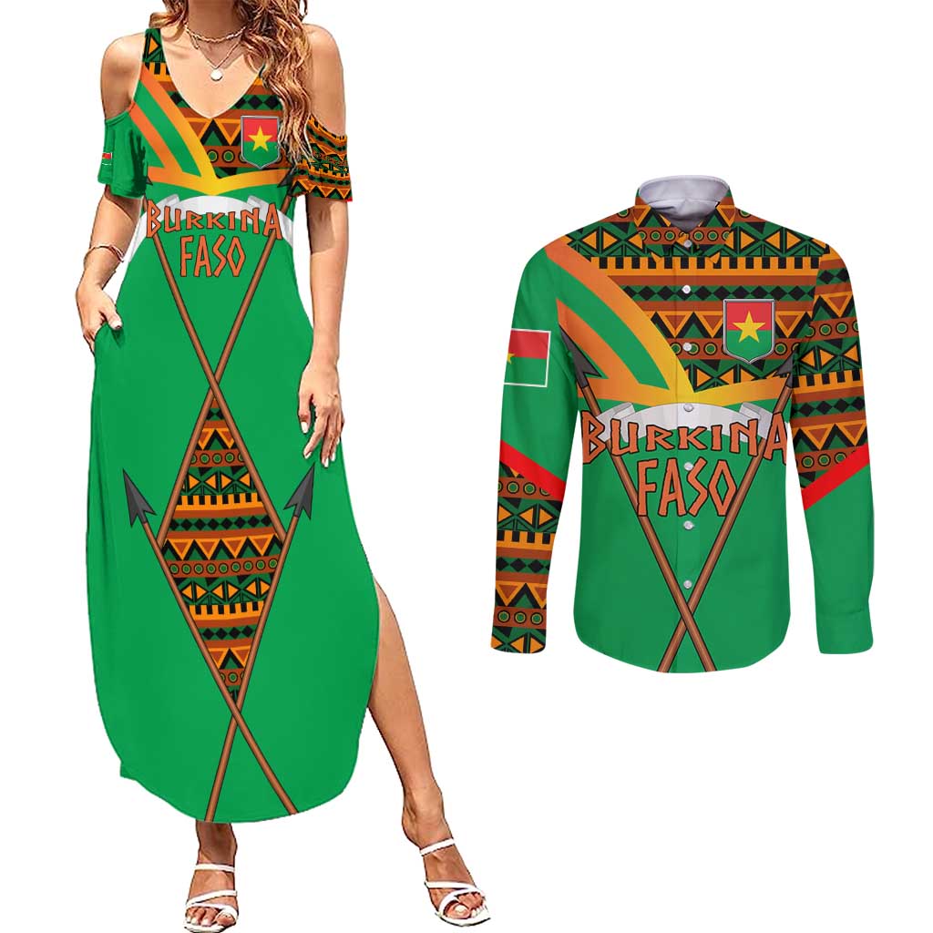 Burkina Faso Couples Matching Summer Maxi Dress and Long Sleeve Button Shirt with Green Tribal Pattern Design and National Flag Motif - Wonder Print Shop