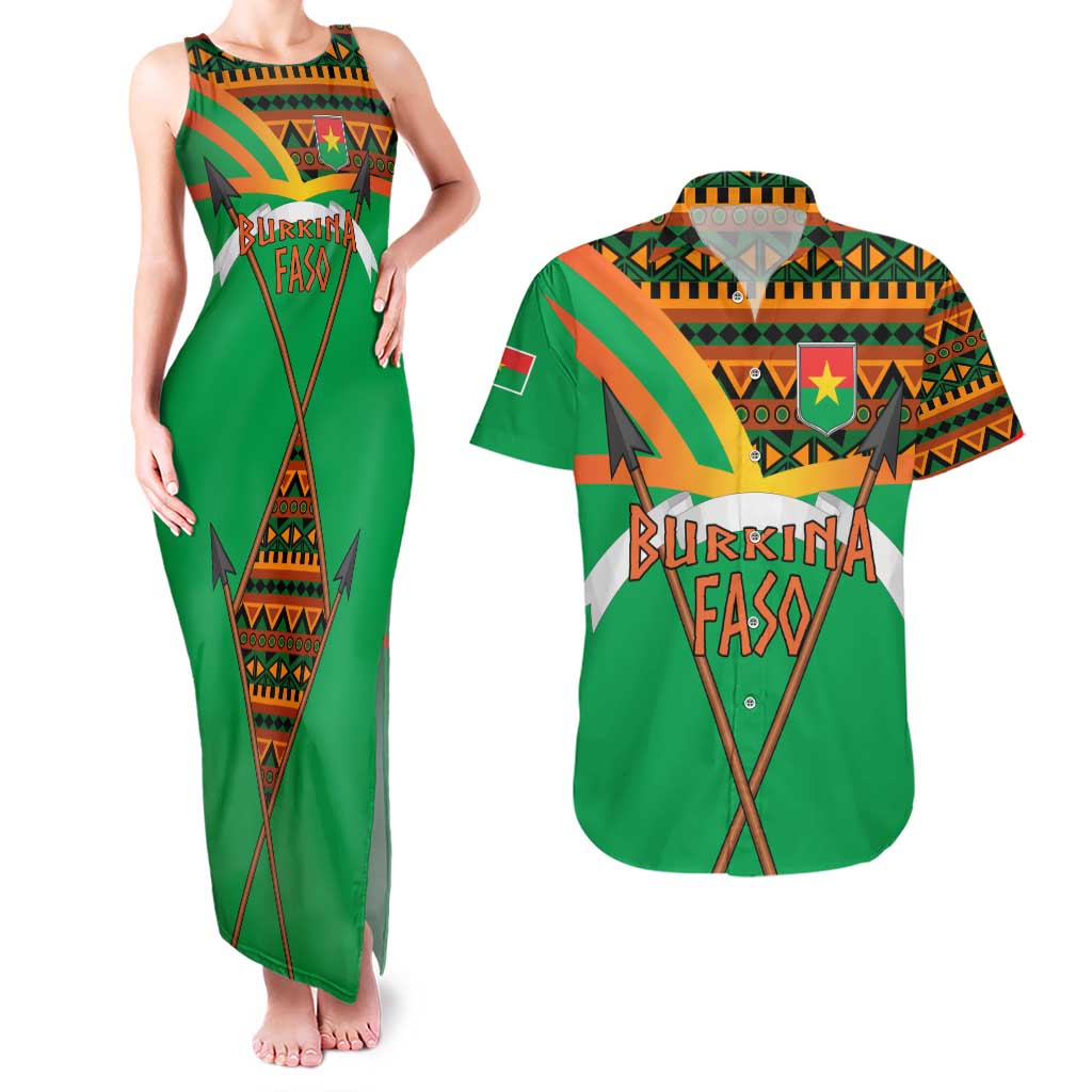 Burkina Faso Couples Matching Tank Maxi Dress and Hawaiian Shirt with Green Tribal Pattern Design and National Flag Motif - Wonder Print Shop