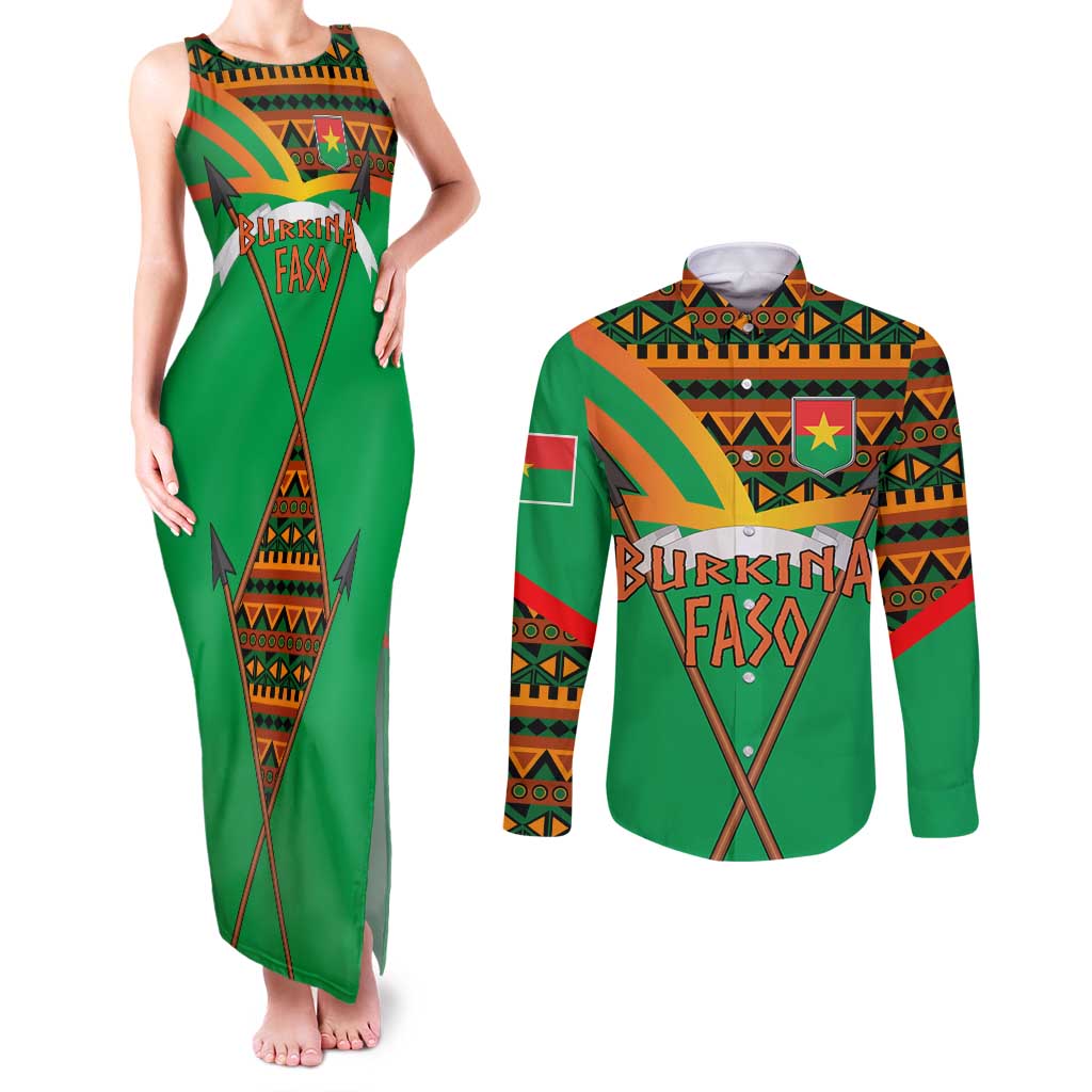 Burkina Faso Couples Matching Tank Maxi Dress and Long Sleeve Button Shirt with Green Tribal Pattern Design and National Flag Motif - Wonder Print Shop