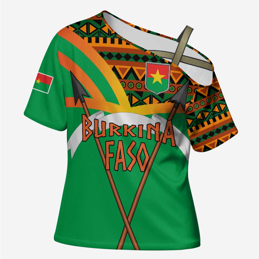 Burkina Faso Cross Shoulder Shirt with Green Tribal Pattern Design and National Flag Motif - Wonder Print Shop