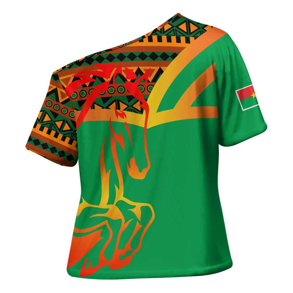 Burkina Faso Cross Shoulder Shirt with Green Tribal Pattern Design and National Flag Motif - Wonder Print Shop