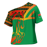 Burkina Faso Cross Shoulder Shirt with Green Tribal Pattern Design and National Flag Motif - Wonder Print Shop