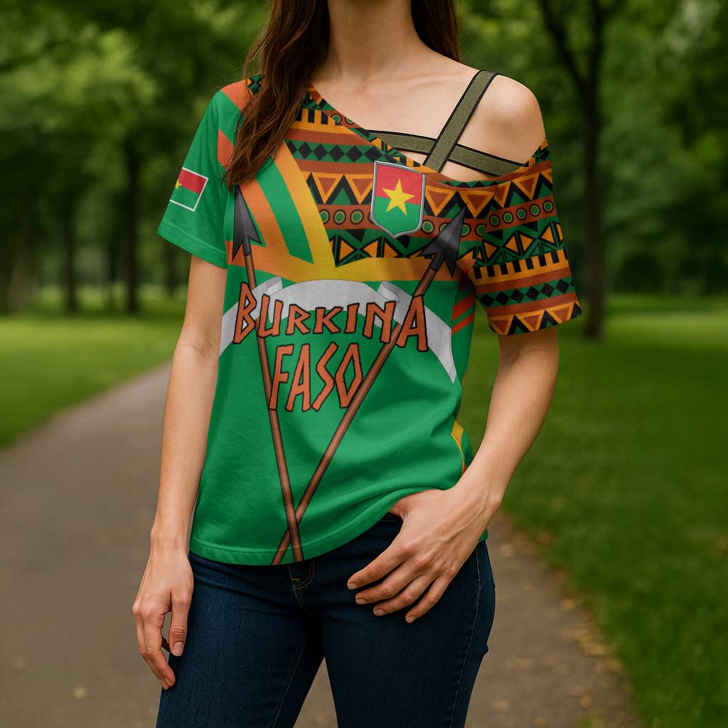 Burkina Faso Cross Shoulder Shirt with Green Tribal Pattern Design and National Flag Motif - Wonder Print Shop