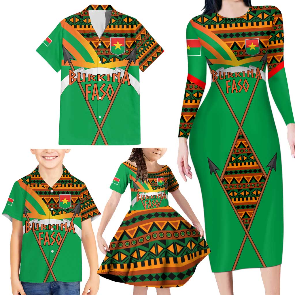 Burkina Faso Family Matching Long Sleeve Bodycon Dress and Hawaiian Shirt with Green Tribal Pattern Design and National Flag Motif - Wonder Print Shop