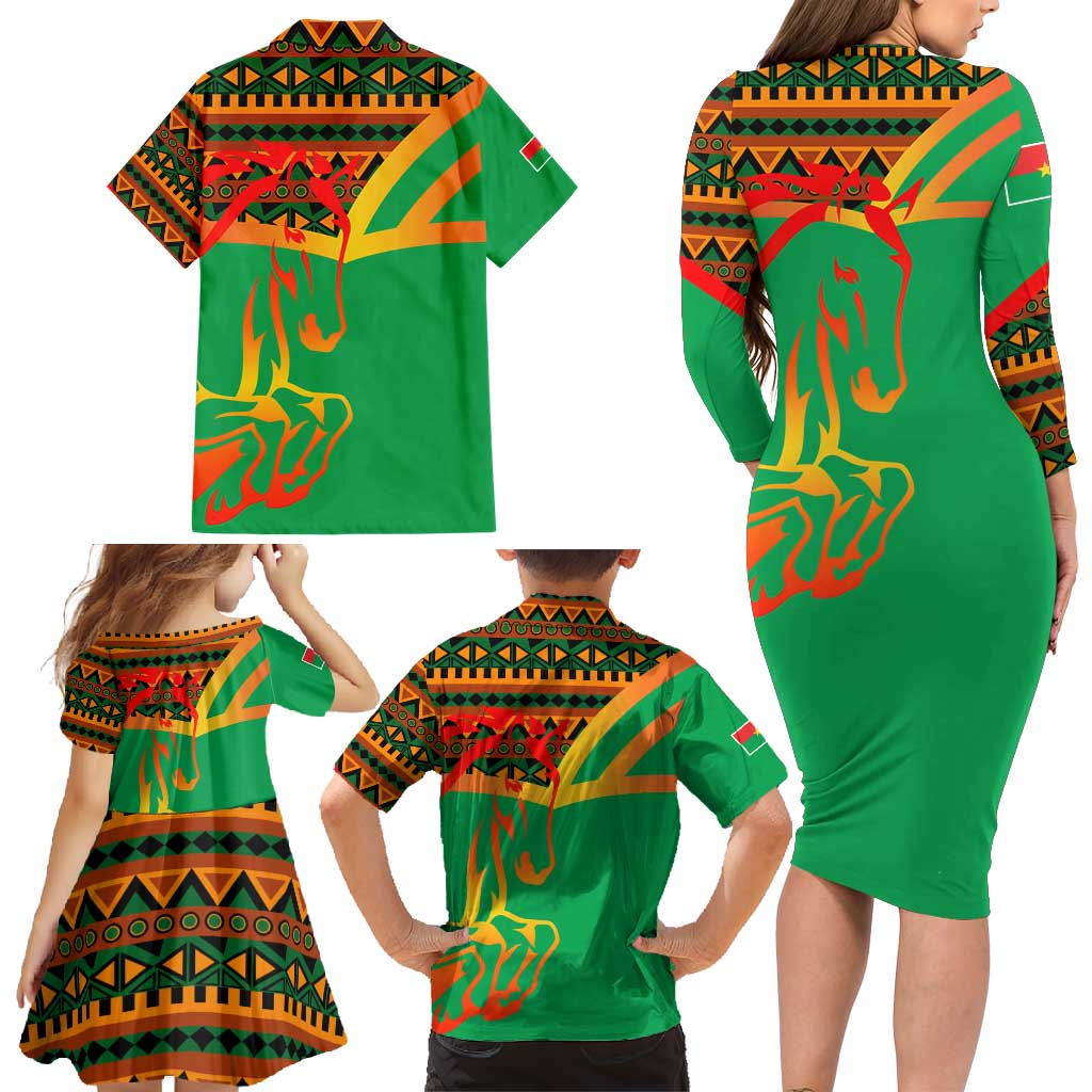 Burkina Faso Family Matching Long Sleeve Bodycon Dress and Hawaiian Shirt with Green Tribal Pattern Design and National Flag Motif - Wonder Print Shop